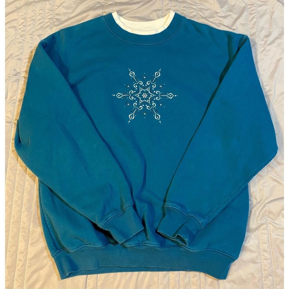 Vintage M&C Sportswear Snowflake Teal Sweatshirt Beaded‎ Mock Neck Medium